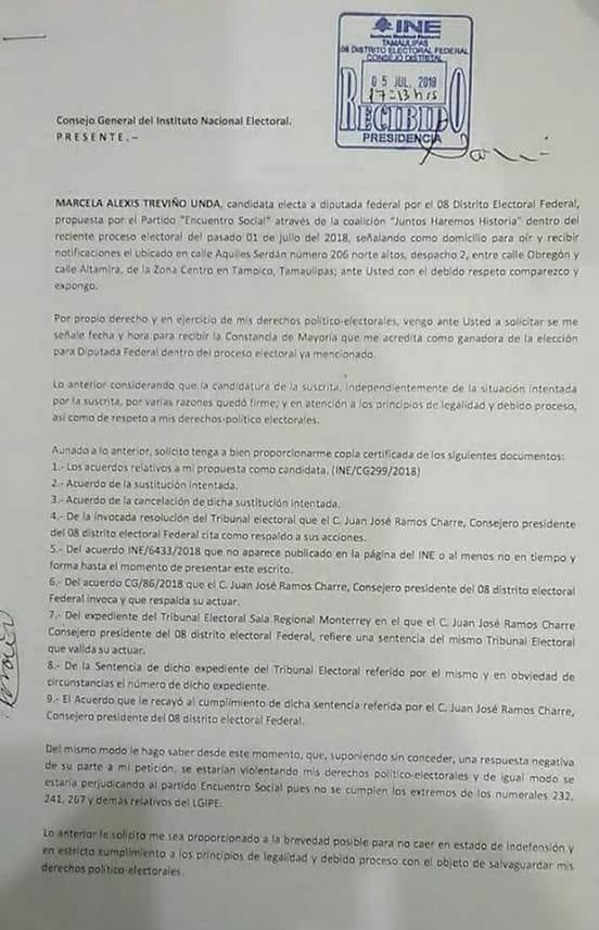 Presentadora del clima exige reconozcan su triunfo como diputada federal por Tamaulipas - carta