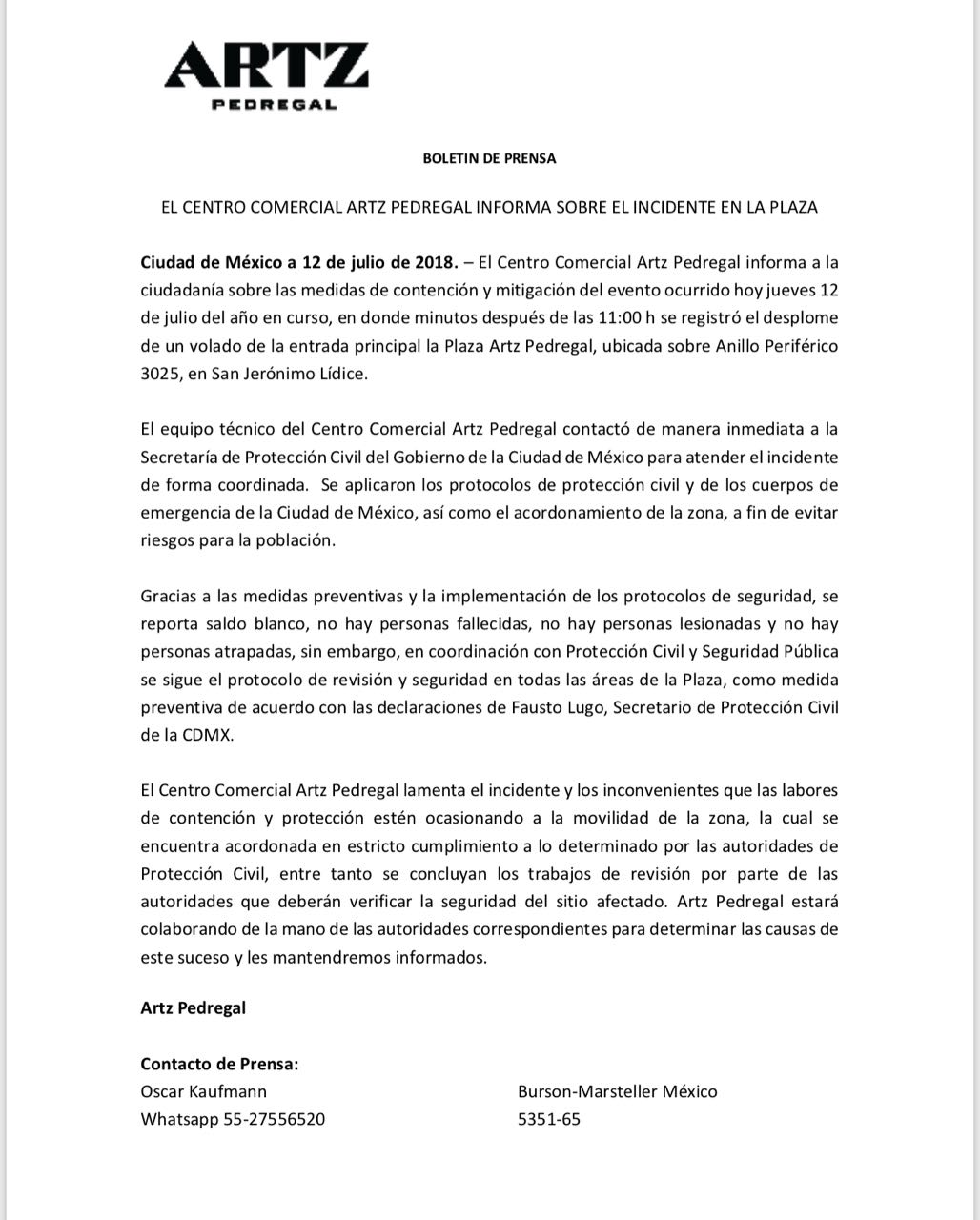 Plaza Artz Pedregal se pronuncia sobre el desplome de su estructura - comunicado-plaza-artz
