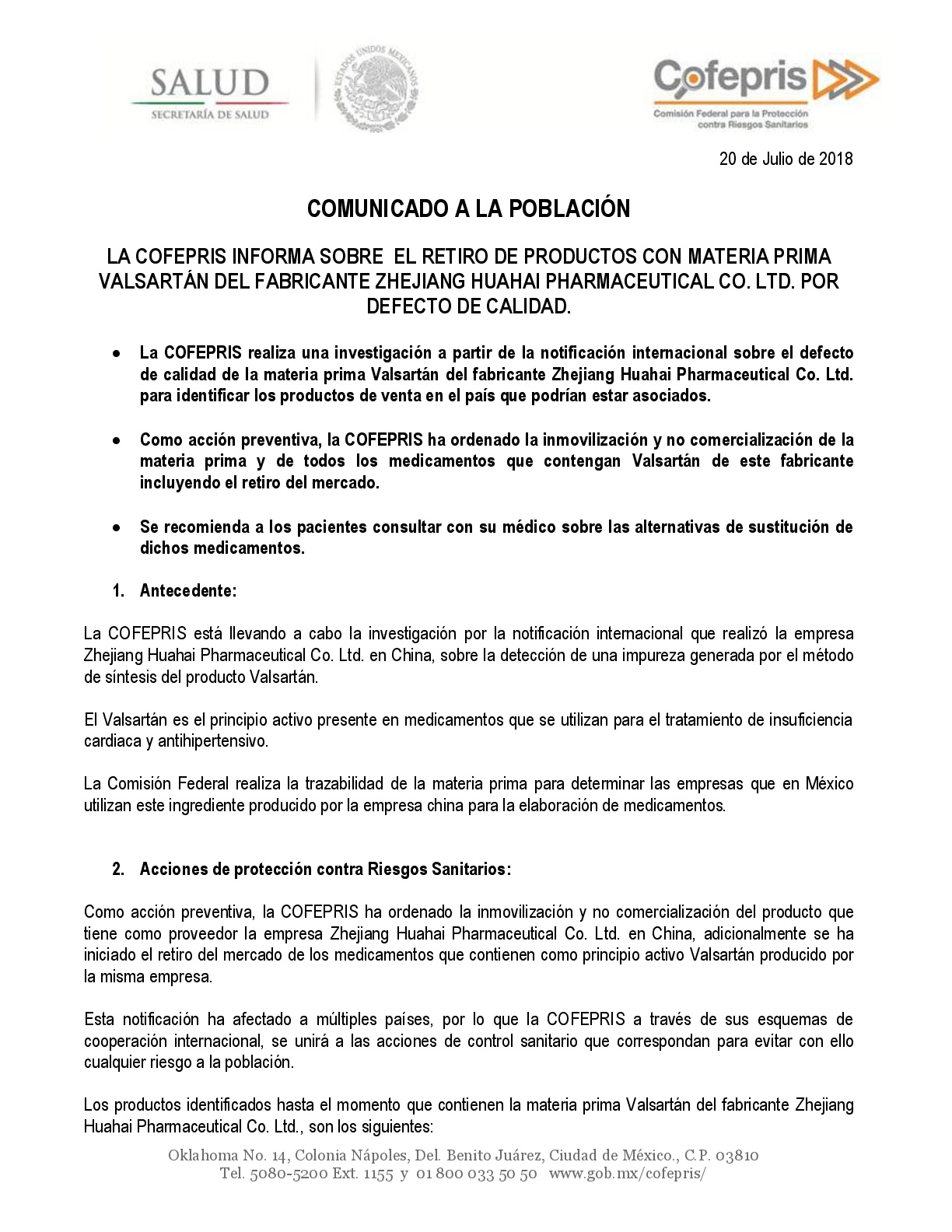 Cofepris ordena retiro de ocho medicamentos por impureza de activo - comunicado-valsartan-20072018-1-001
