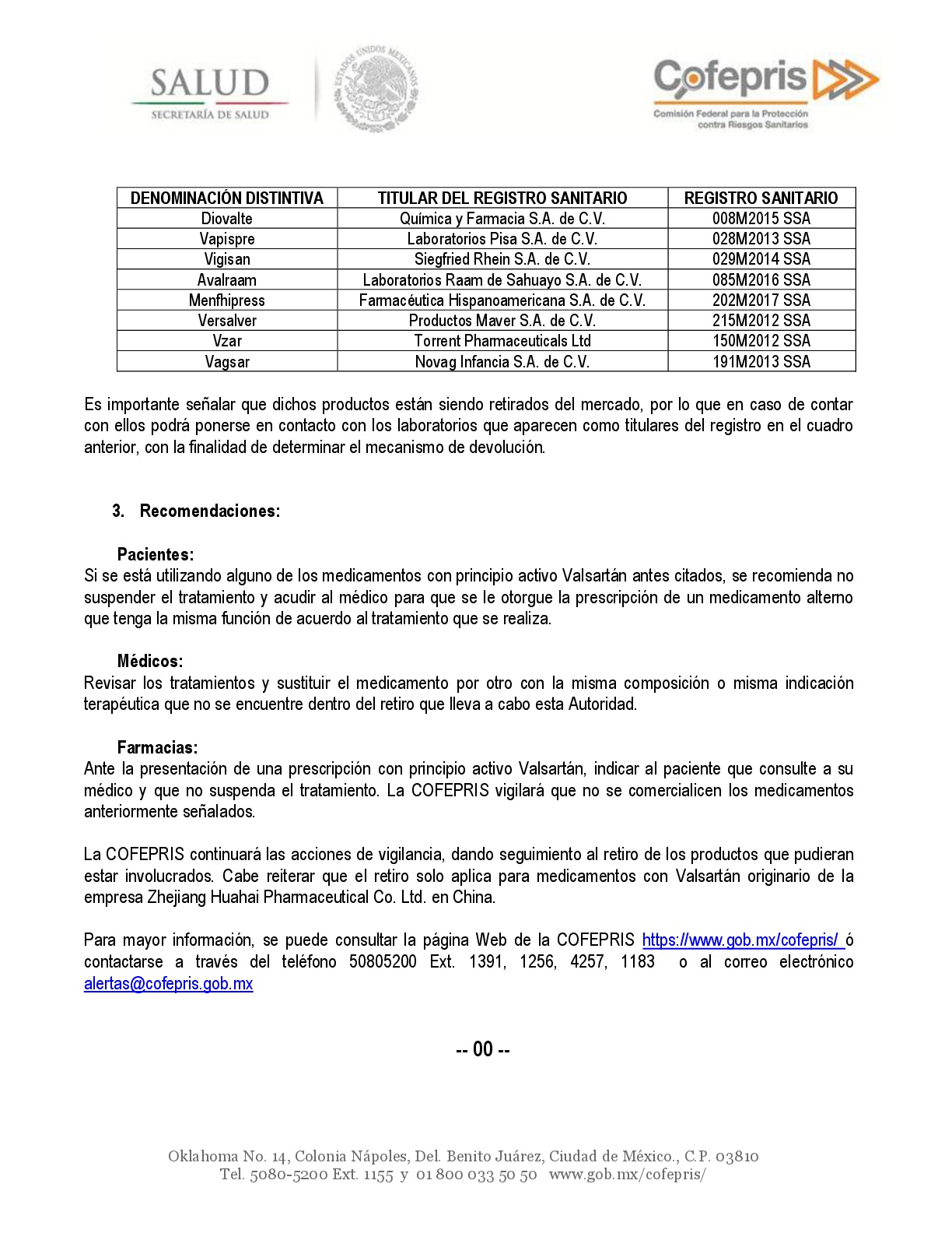 Cofepris ordena retiro de ocho medicamentos por impureza de activo - comunicado-valsartan-20072018-1-002