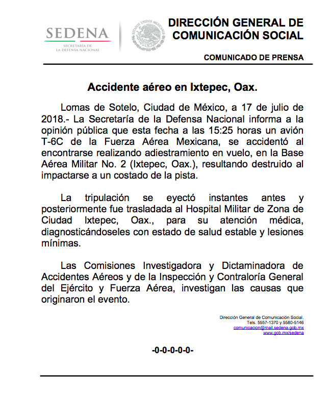 Cae avión de Sedena en Oaxaca - comunicado
