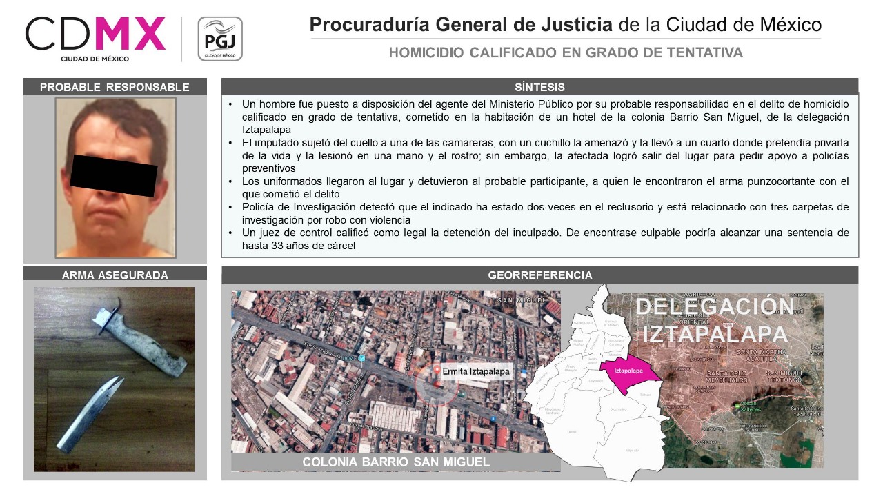 Huésped ebrio ataca a empleada de hotel en Iztapalapa - detenido-hotel-iztapalapa