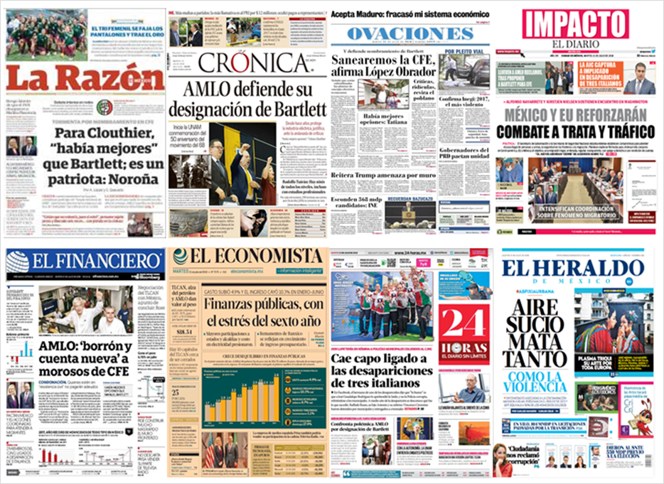 Manuel Bartlett y López Obrador en las primeras planas del martes - periodicos-3107-2