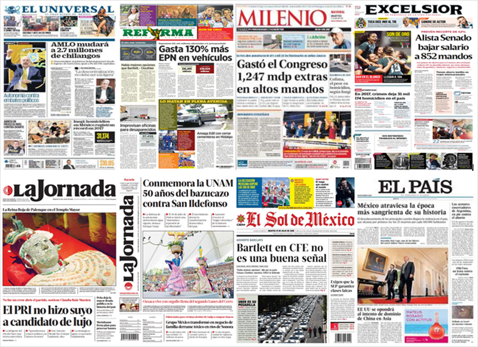 Manuel Bartlett y López Obrador en las primeras planas del martes - periodicos-3107