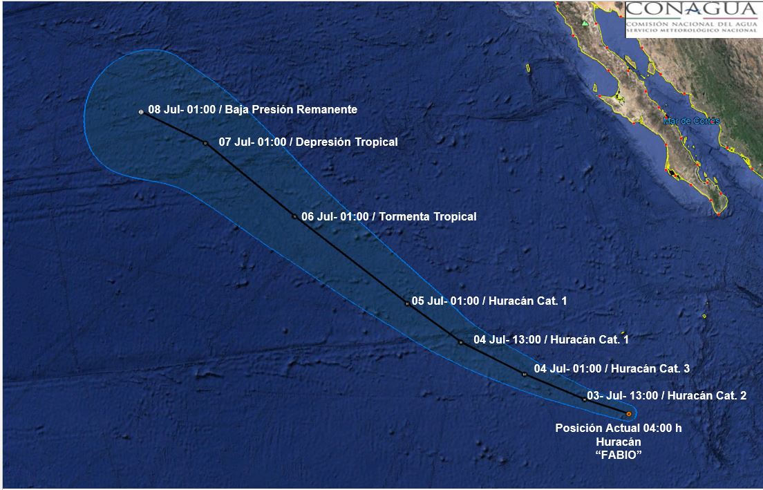 Huracán Fabio es categoría 1 y se ubica en la Península de BC - trayectoria-fabio