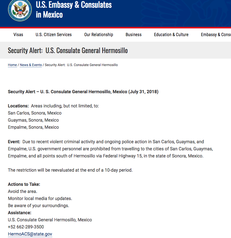 EE.UU. emite alerta de viaje a Sonora - alerta-embajada