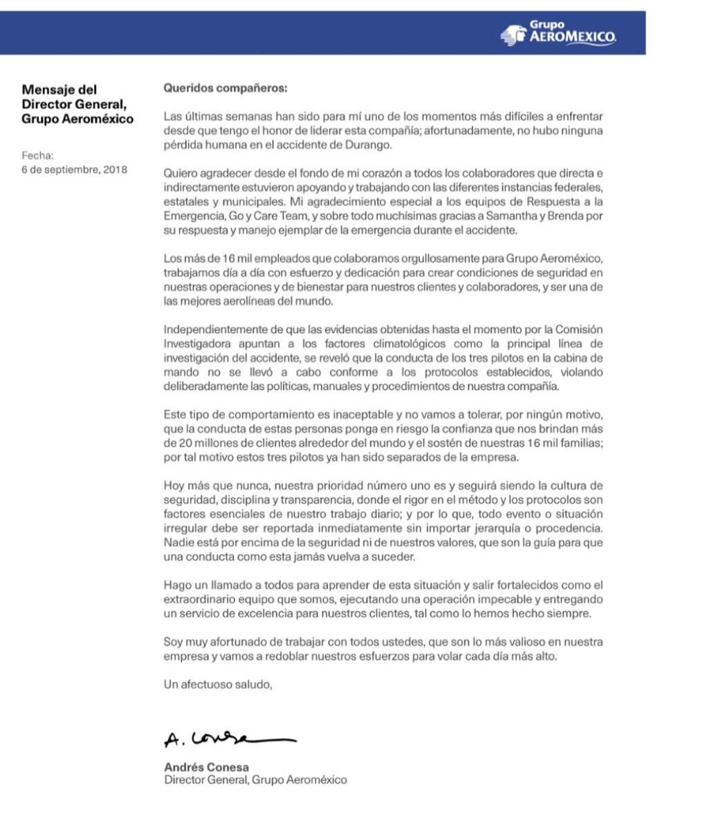 Aeroméxico separa a los tres pilotos del accidente en Durango - aeromexico-carta-conesa