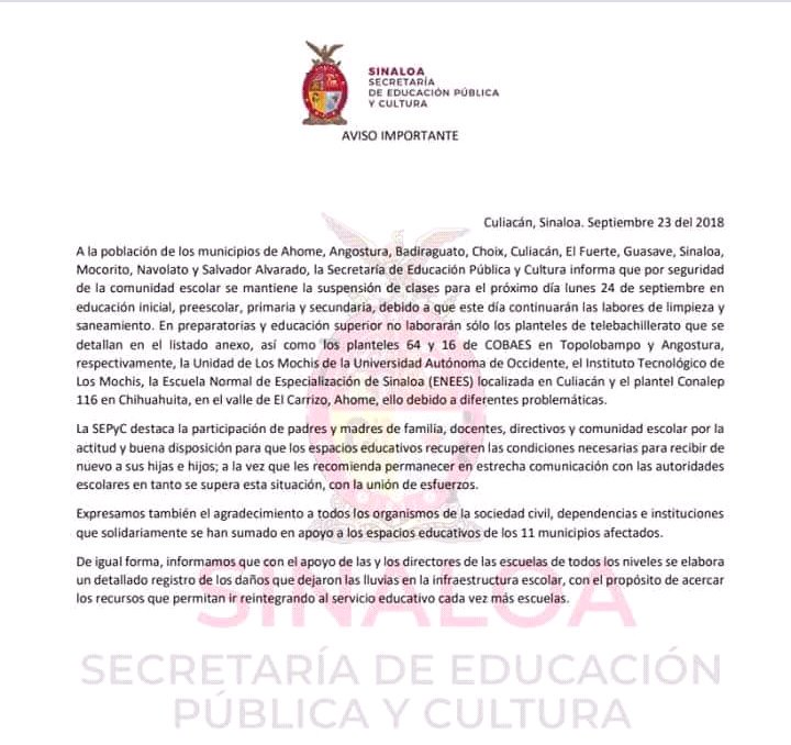 Mantendrán suspensión de clases en 11 municipios de Sinaloa - clases