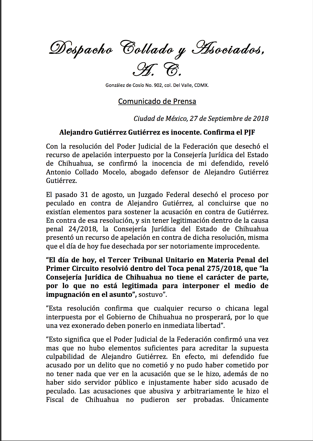 Liberan a Alejandro Gutiérrez, ex secretario general adjunto del PRI en Chihuahua - comunicado-despacho-collado-alejandro-gutierrez