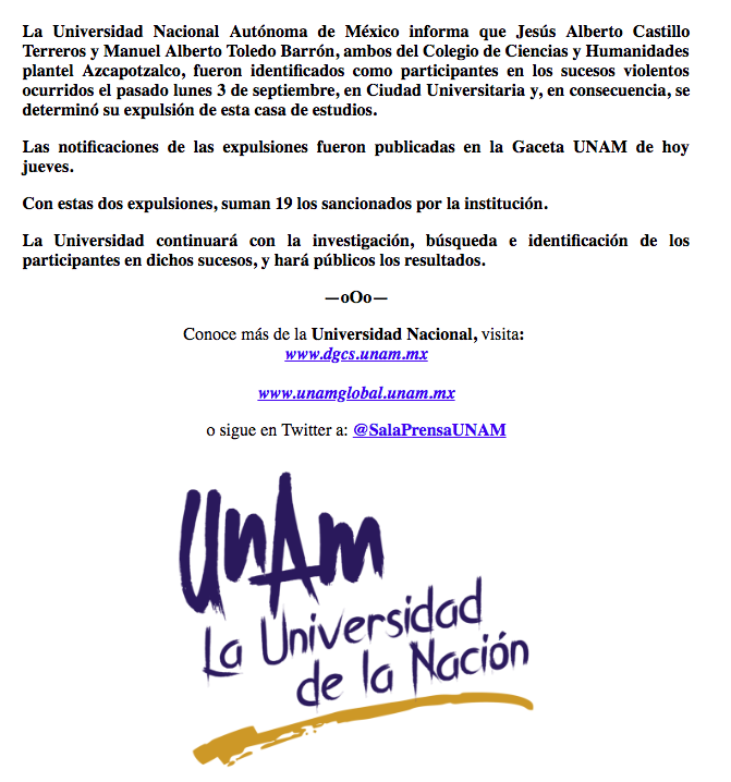 Ya son 19 expulsados por agresiones en CU - comunicado-unam