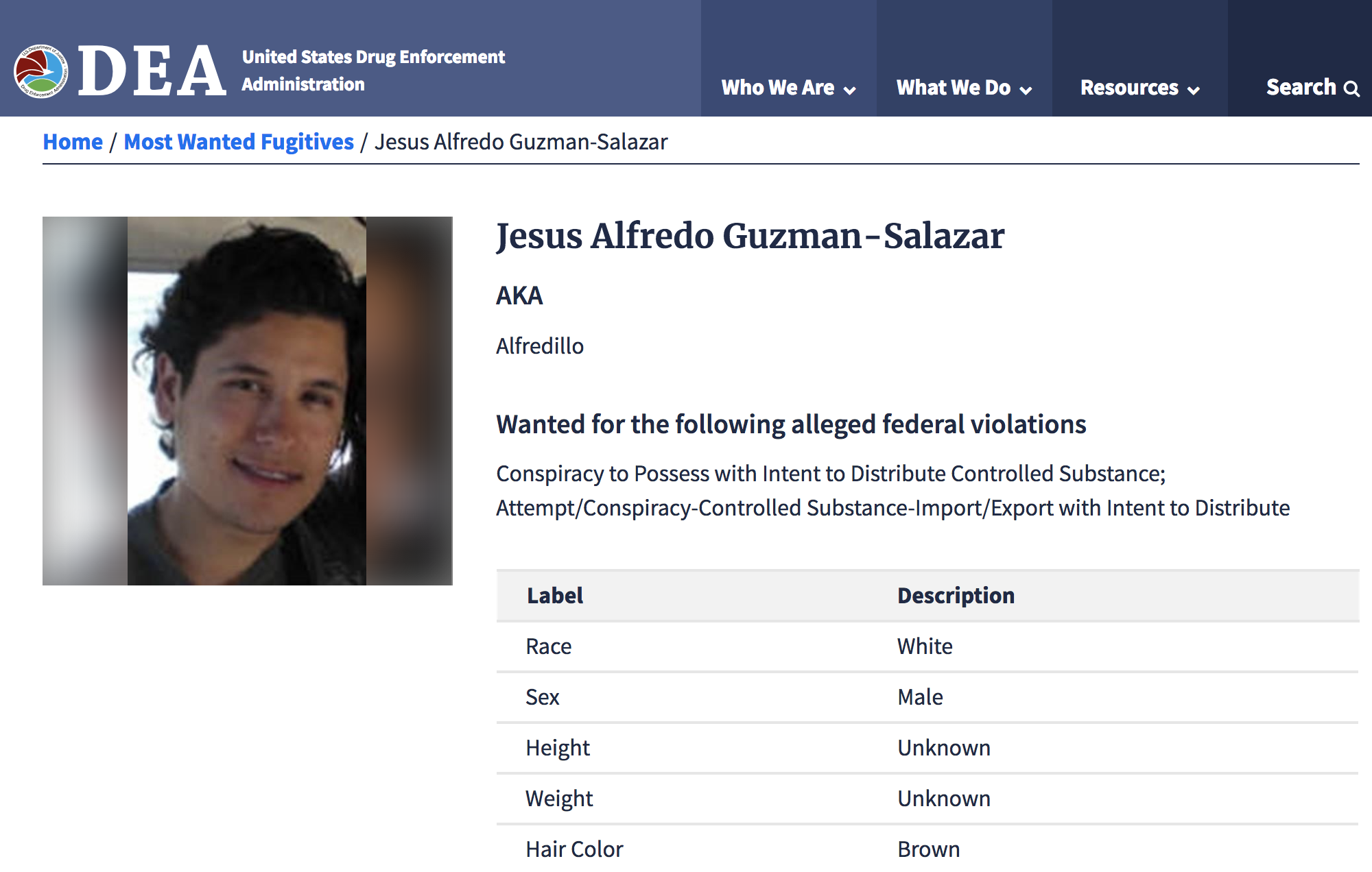 DEA coloca a 'Alfredillo' Guzmán Salazar entre los 10 delincuentes más buscados - jesus-alfredo-guyzman-salazar-dea