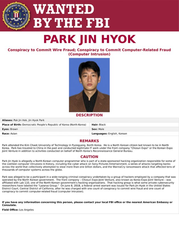 EE.UU. inculpa a hombre vinculado con gobierno norcoreano por ciberataques - park-jin-hyok-fbi