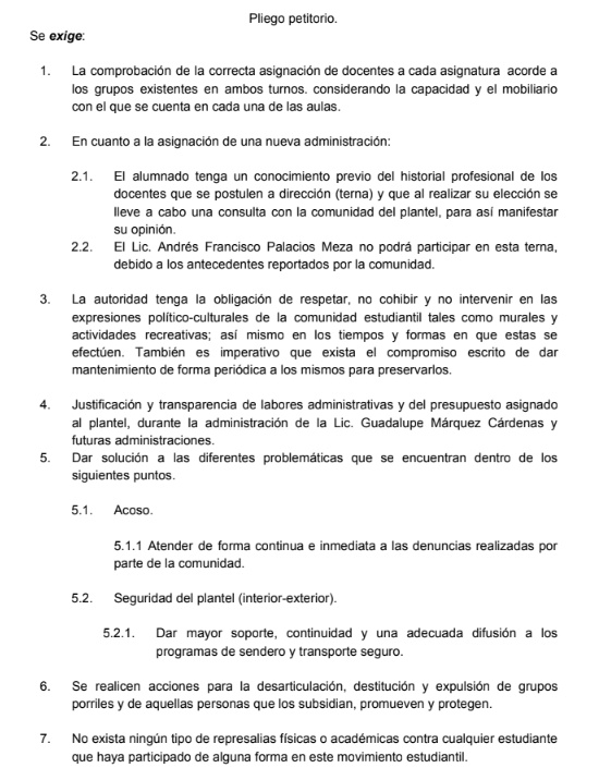 Atendibles puntos de pliego petitorio de CCH Azcapotzalco: Rectoría de la UNAM - pliego-petitorio