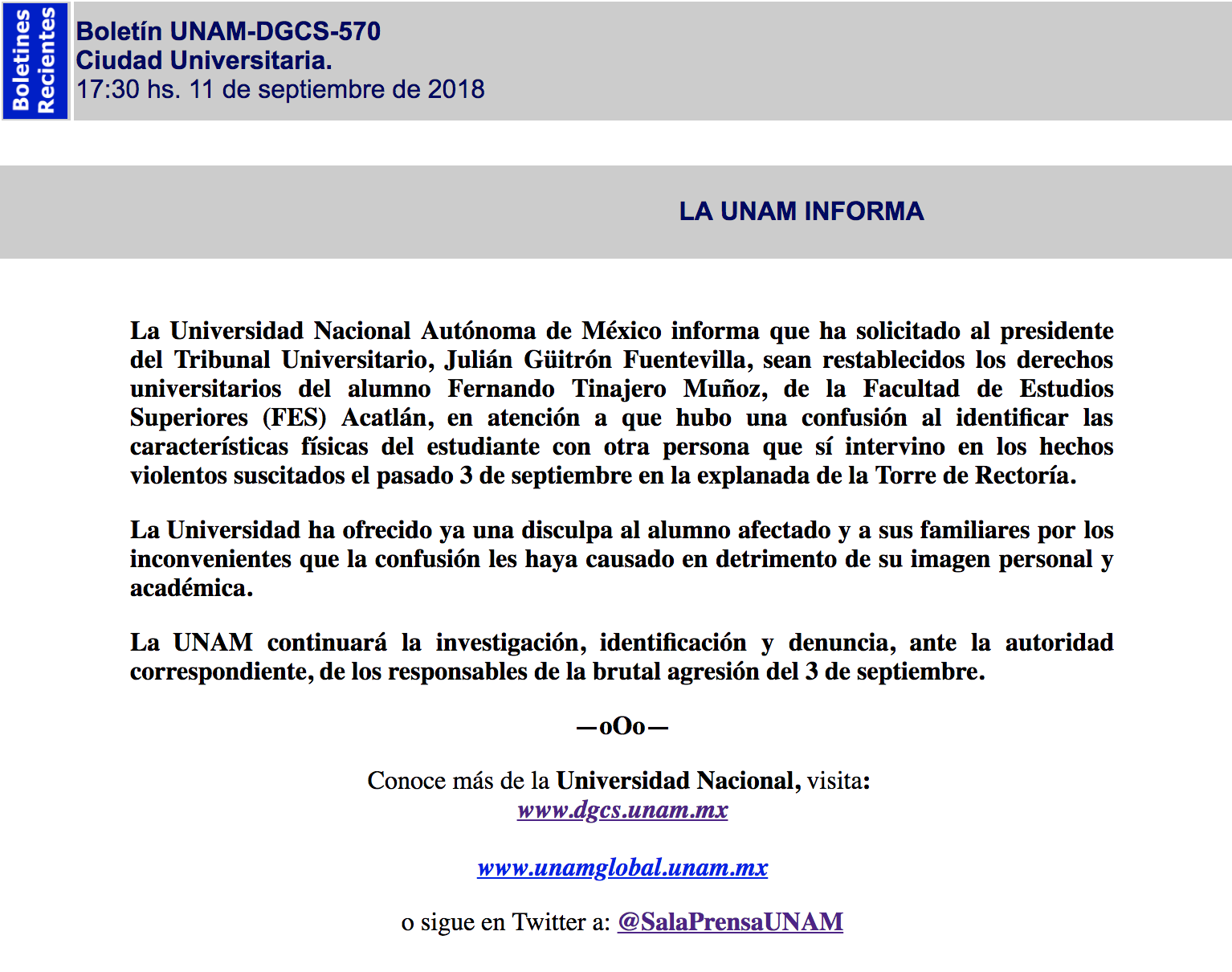 UNAM restablece derechos universitarios a alumno tras confusión - unam-comunicado-confunde