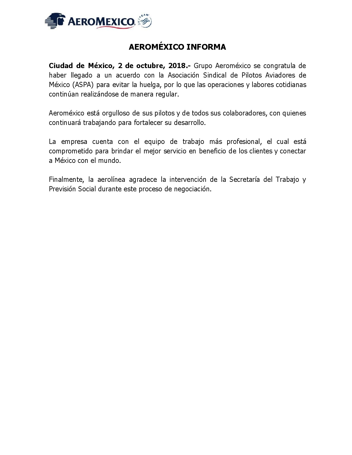 Pilotos de Aeroméxico no se irán a huelga - acuerdo-comunicado-aeromexico-aspa-20180210-vf-001
