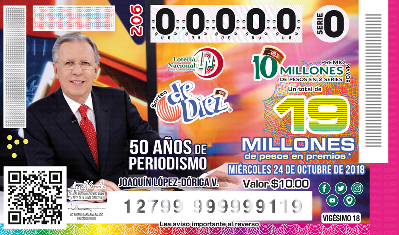 Lotería Nacional emite billete por los 50 años de trayectoria de López-Dóriga