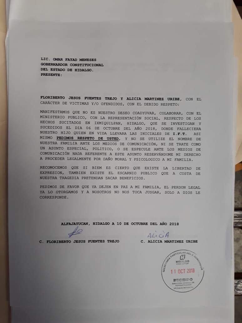 Caso Charrez Pedraza; familia otorga 'perdón legal' - carta-padres-ivan-fuentes