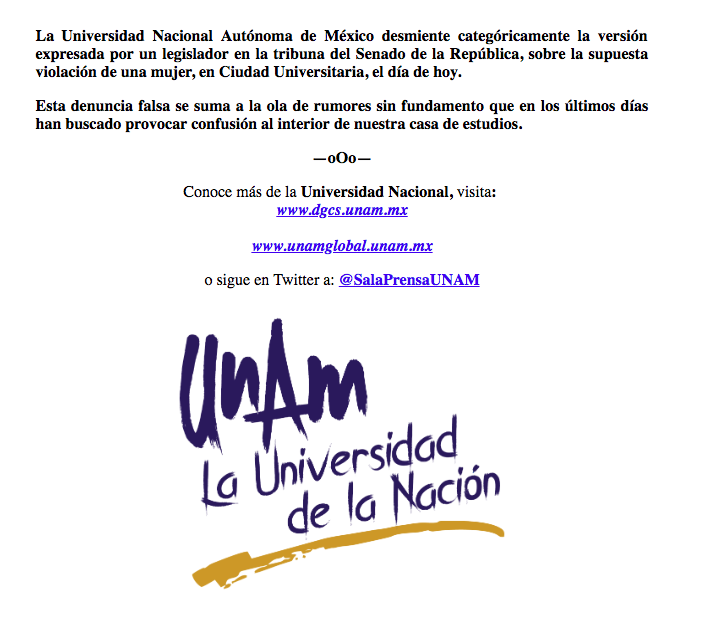 UNAM desmiente supuesta violación en CU - comunicado