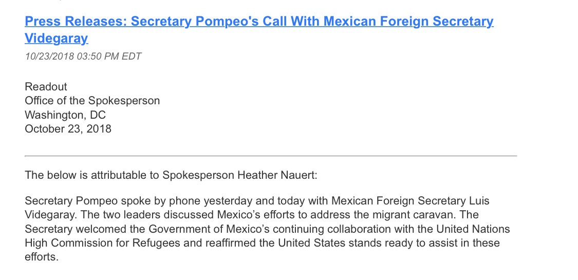 Mike Pompeo discute con Videgaray sobre caravana migrante - pompeo-videgaray-llamada-comunicado