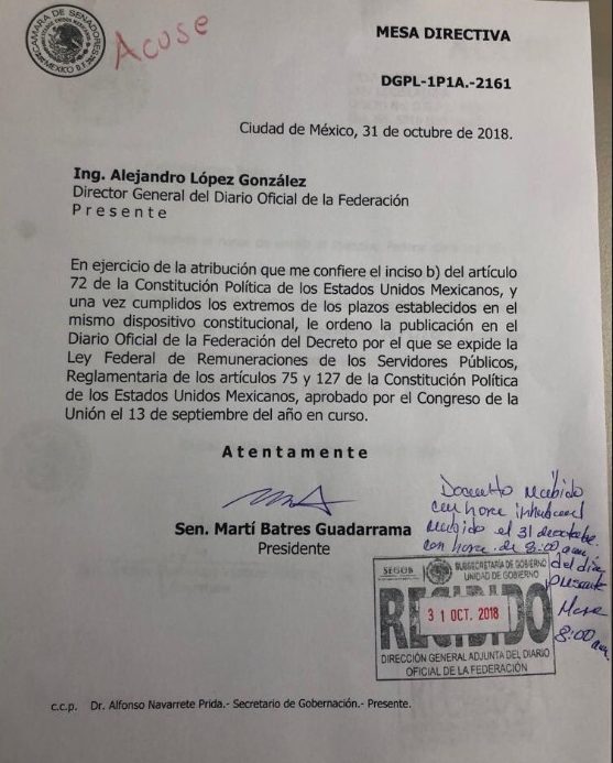 Presidente del Senado ordena publicar ley de salarios máximos - senado-e1541030613620