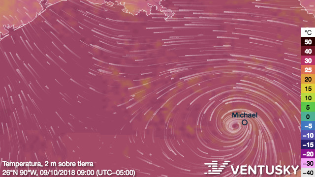 Ordenan evacuaciones masivas en Florida por huracán Michael - ventusky-temperature-2m-20181009t1400-26n90w