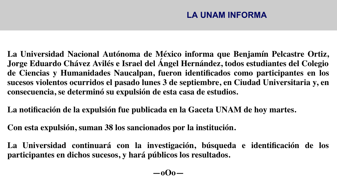 UNAM expulsa a tres estudiantes más por actos violentos en Rectoría - captura-de-pantalla-2018-11-20-a-las-102859