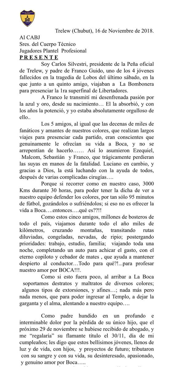 La carta de padre de víctima de accidente a jugadores de Boca Juniors - carta-boca