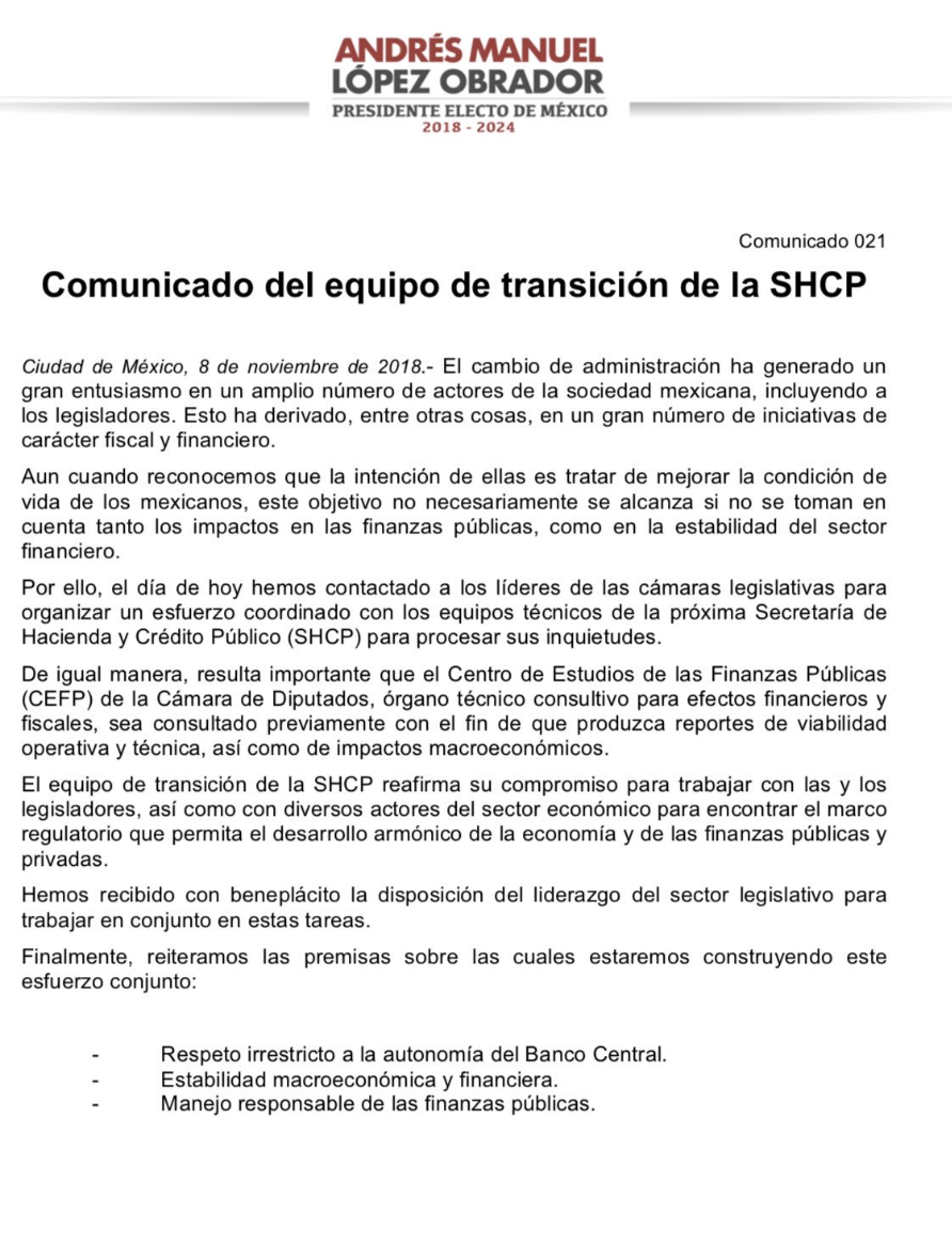 Acepta gobierno electo revisar impacto de iniciativas financieras - comunicado-amlo-schp-morena