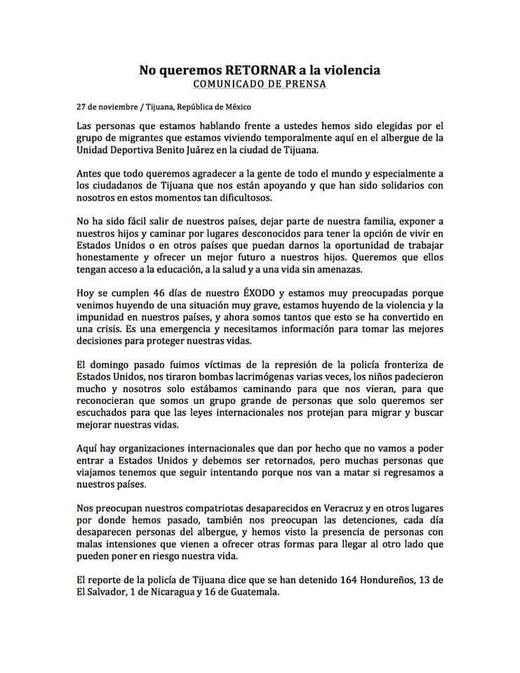 Si regresamos a nuestros países, nos van a matar: grupo de migrantes - comunicado-grupo-migrantes-1