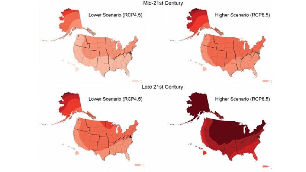 Advierten que cambio climático colapsará economía de EE.UU. - proyeccion-del-aumento-de-temperatura-en-eeuu-para-mitad-de-siglo