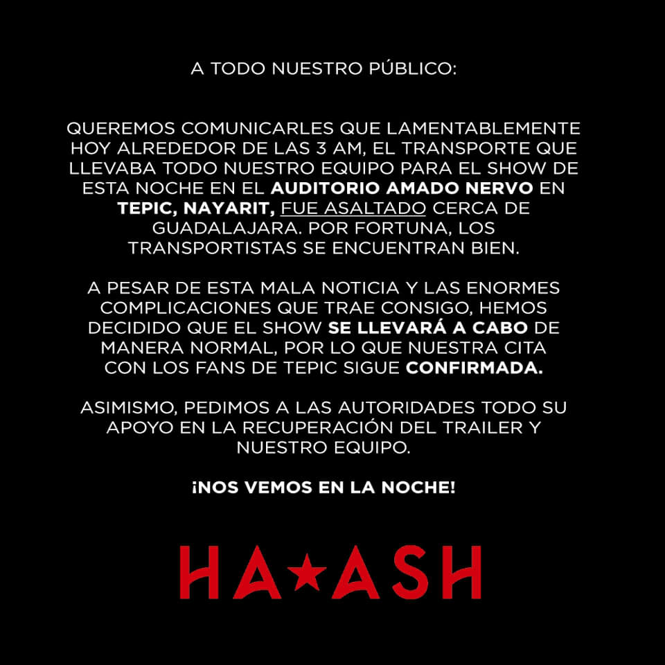 Roban tráiler con equipo de Ha*Ash; el concierto en Tepic sí se realizará - comunicado-de-ha-ash
