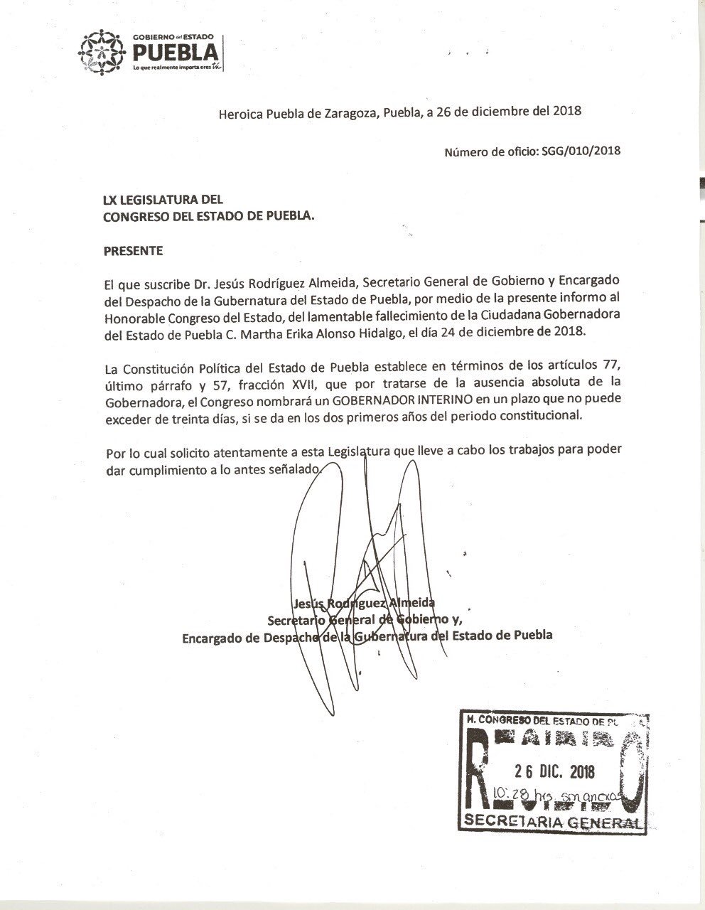 Notifican a Congreso de Puebla ausencia del gobernador - documento-martha-erika-alonso-notificacion-congreso-puebla
