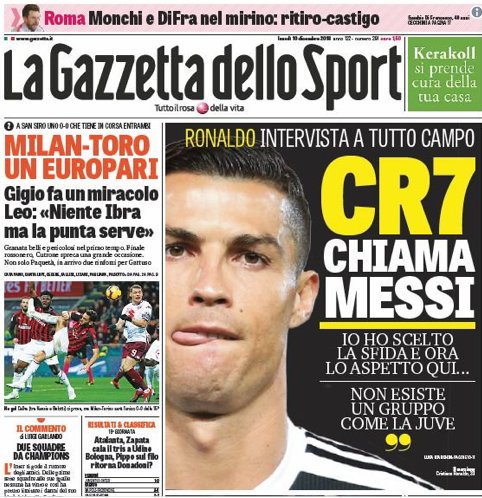 Me gustaría que Messi viniera a Italia: Cristiano Ronaldo - gazzetta-dello-sport-ronaldo
