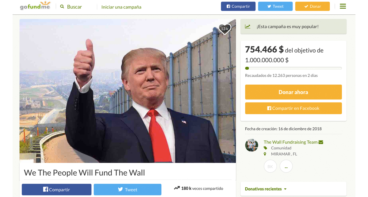 Lanzan campaña en GoFundMe para construir el muro fronterizo