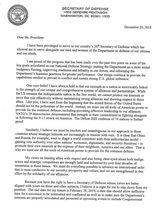 Tiene derecho a tener un secretario que comparta sus puntos de vista: Mattis a Trump - mattis-carta-trump