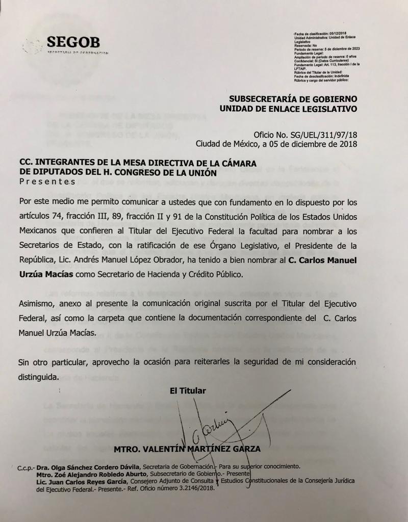 Llega a San Lázaro nombramiento de Carlos Urzúa como titular de la SHCP; debe ser ratificado - whatsapp-image-2018-12-05-at-202004