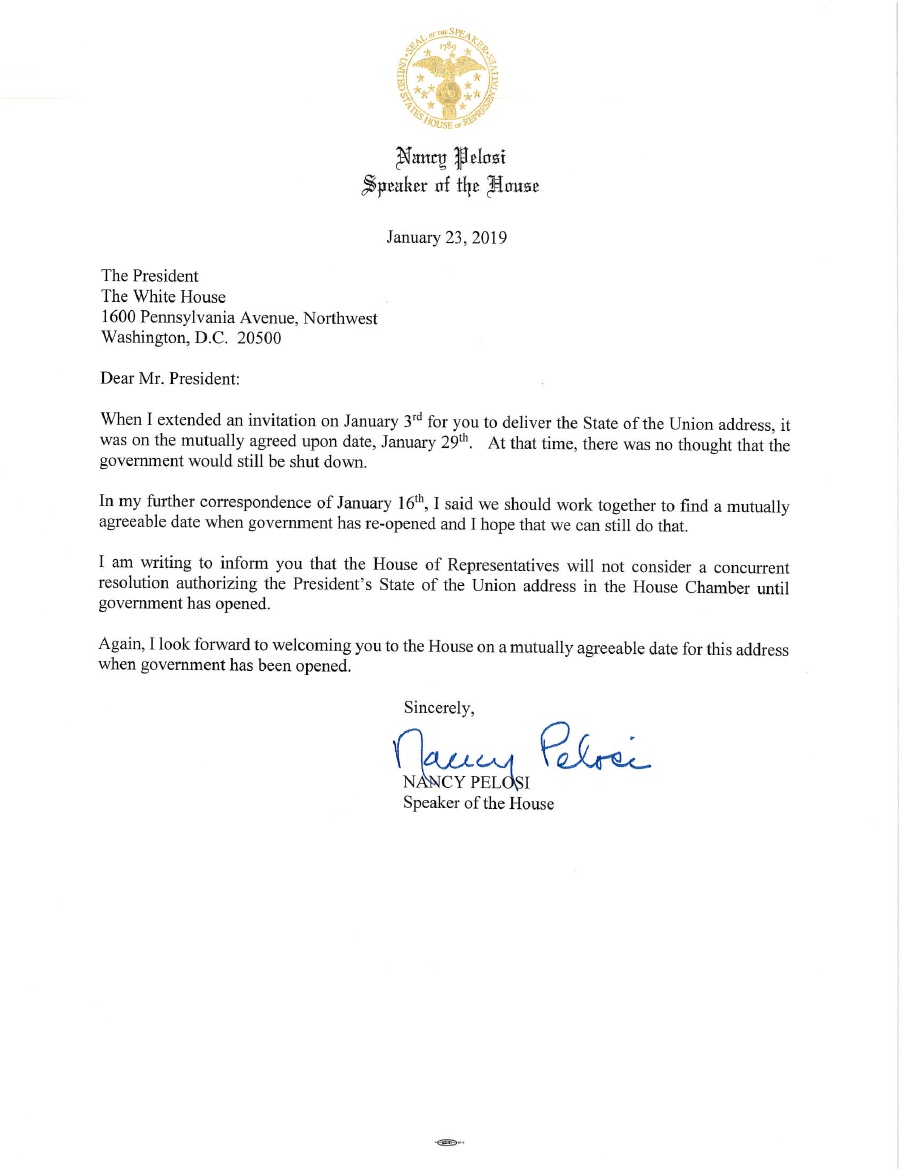 Pelosi rechaza recibir informe del Estado de la Unión el 29 de enero - carta-pelosi-trump
