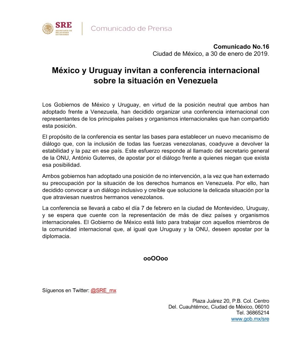 Uruguay y México realizarán conferencia internacional por situación en Venezuela - comunicado-mexico-uruguay-venezuela