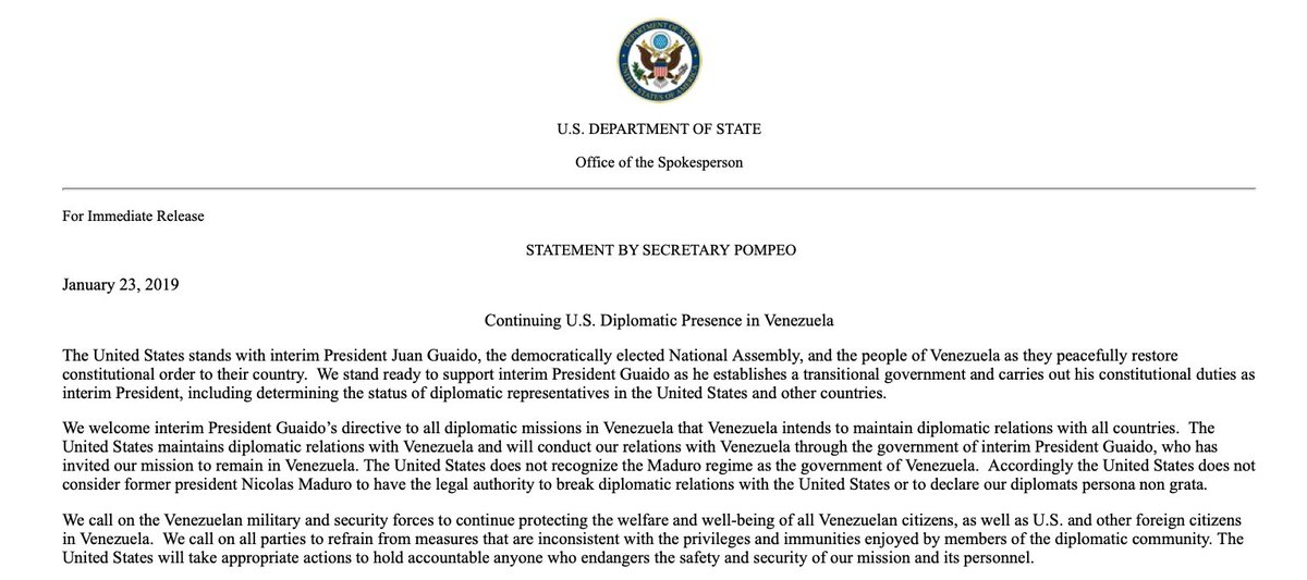 EE.UU. no reconocerá orden de Maduro para que diplomáticos salgan de Venezuela - departamento-de-estado