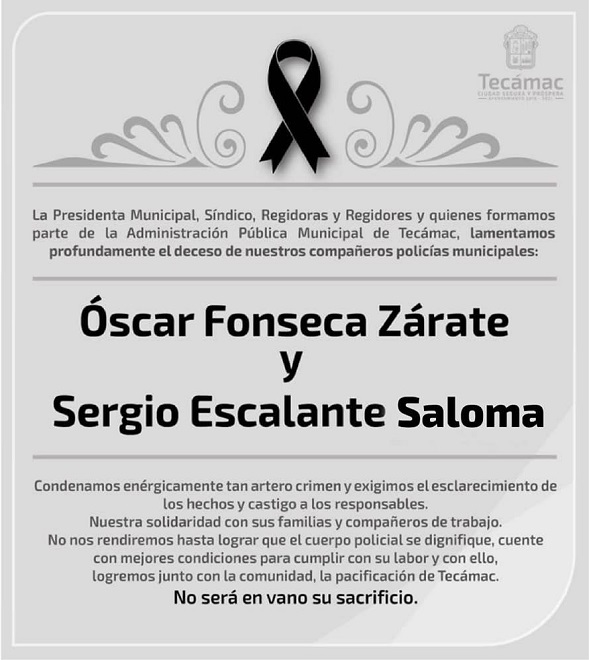 Alcaldesa promete pacificación de Tecámac tras asesinato de policías - esquela-policias-de-tecamac