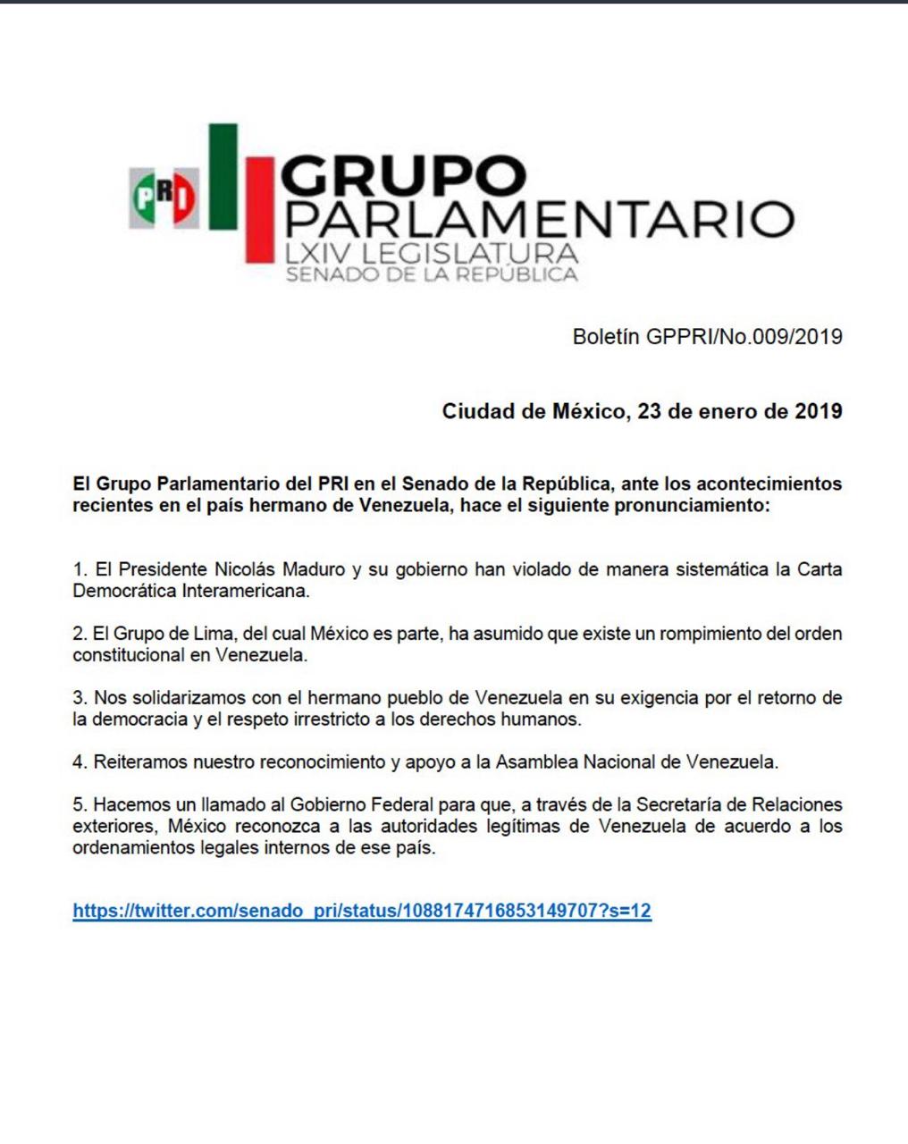 Senadores del PRI piden al gobierno federal "reconocer a autoridades legítimas de Venezuela" - senadores-pri-venezuela