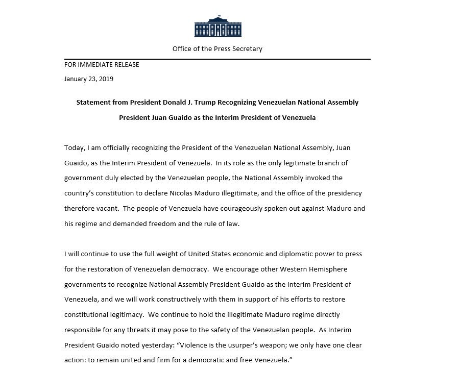 Donald Trump reconoce a Juan Guaidó como presidente de Venezuela - venezuela