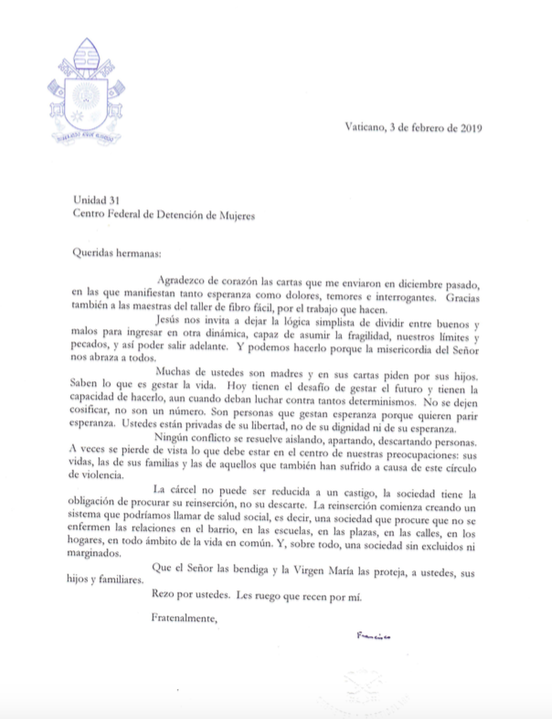La cárcel no puede ser un mero castigo: el papa a presas argentinas - carta-papa-francisco