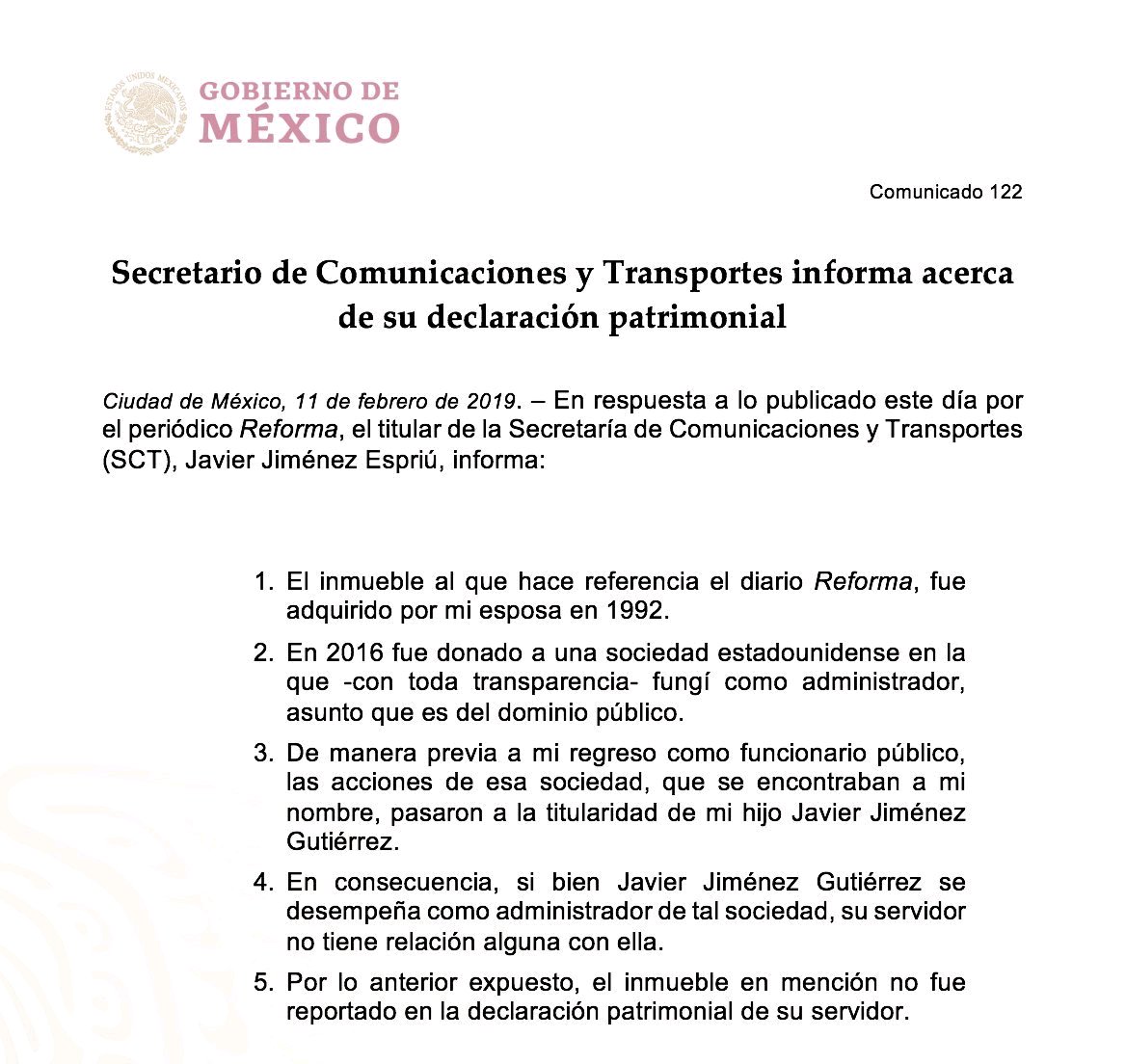 Jiménez Espriú aclara propiedad en Texas - comunicado-espriu