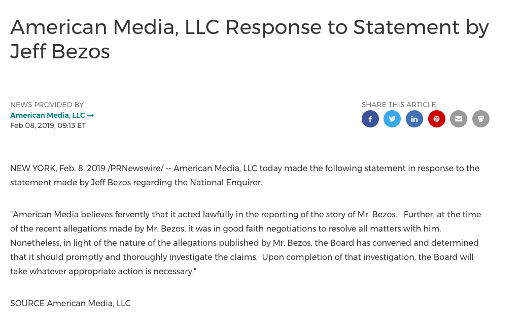 Editorial de Enquirer realizará investigaciones exhaustivas por acusaciones de Jeff Bezos - comunicado-jeff-bezos-acusaciones