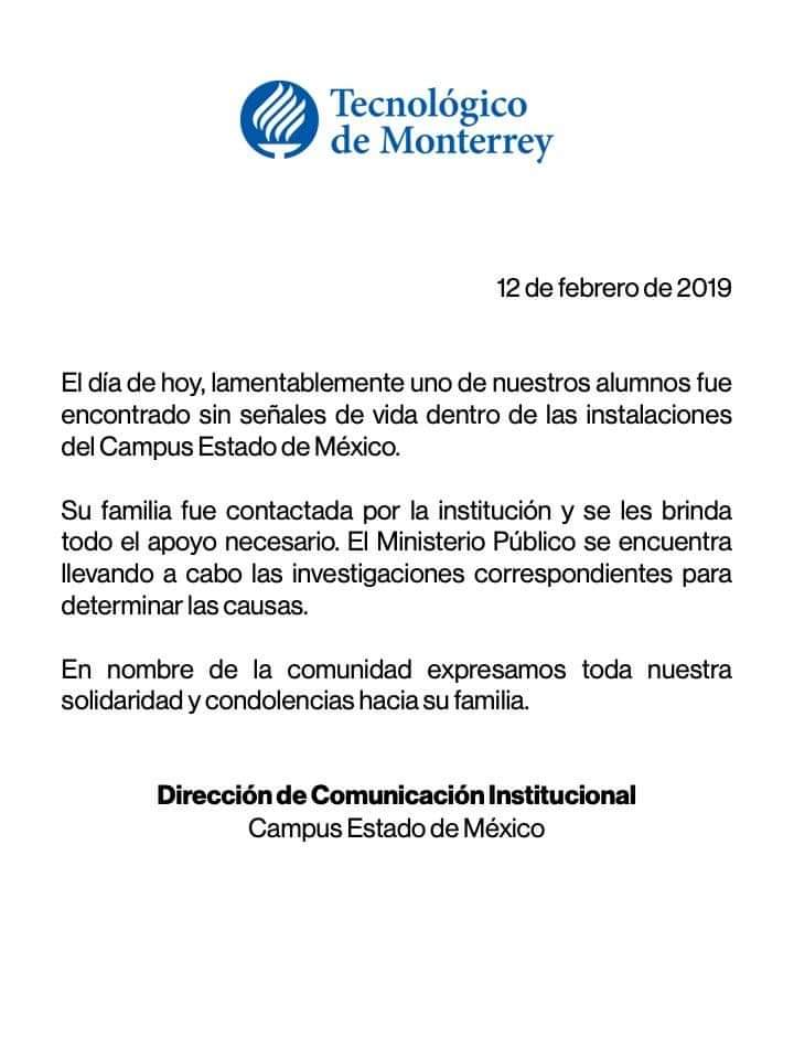 Localizan cuerpo de estudiante en el Tec de Monterrey campus Estado de México - comunicado-tec-de-monterrey