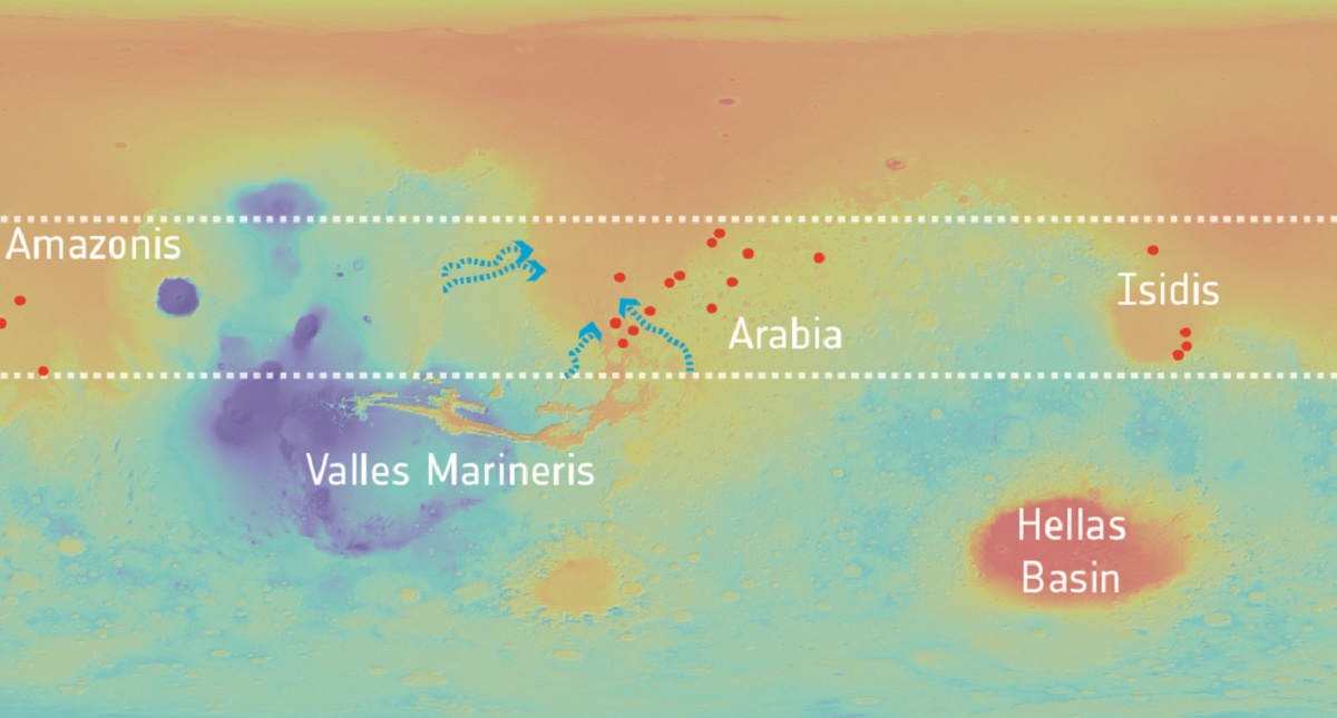 Hallan evidencia geológica de lagos subterráneos en Marte - distribucion-de-cuencas-con-minerales-en-marte