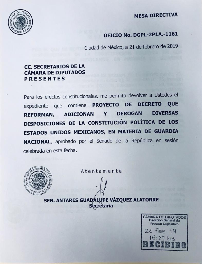 Recibe la Cámara de Diputados proyecto de Guardia Nacional con mando civil - minuta-guardia-nacional