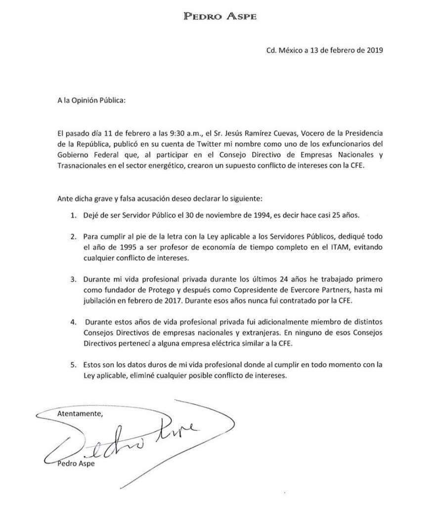 Pedro Aspe responde a señalamientos de la Presidencia de López Obrador - pedro-aspe-carta
