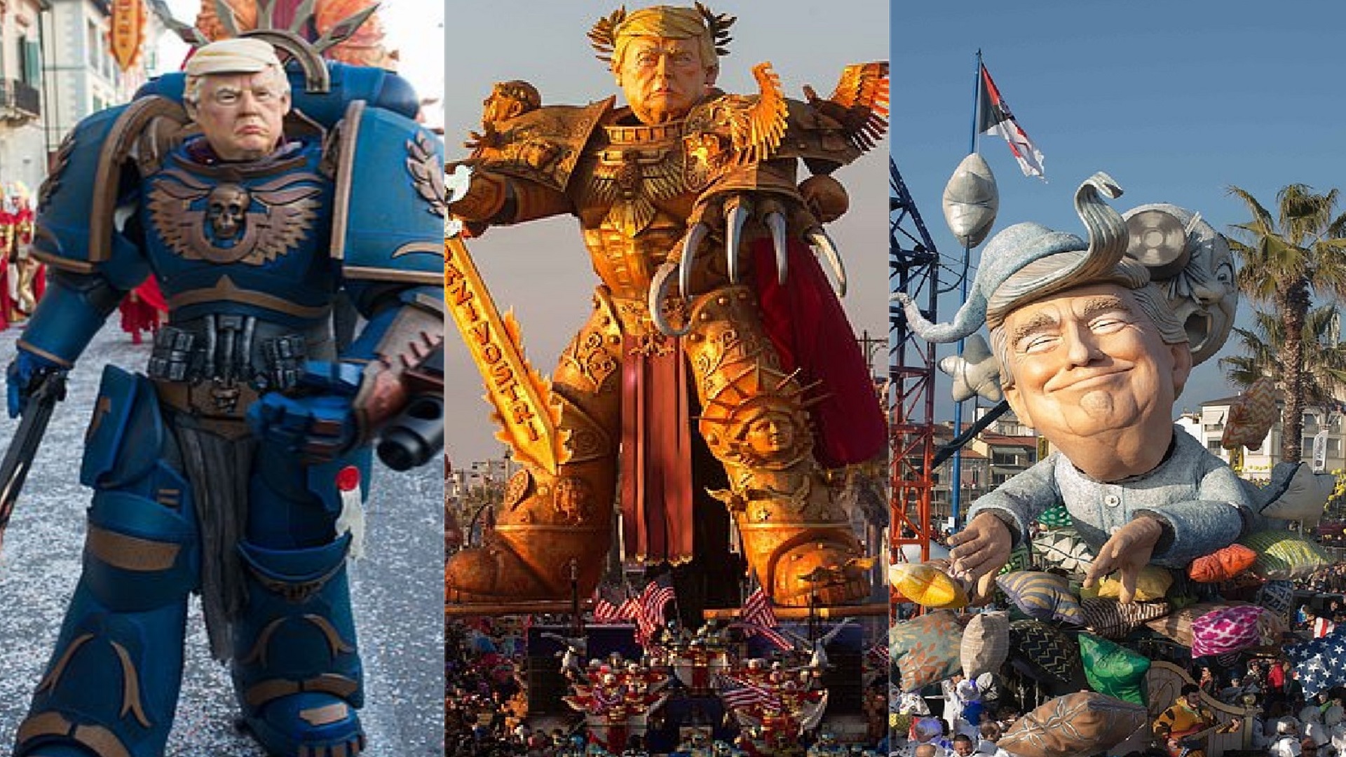 #Video Desfila estatua de Trump como guerrero de Warhammer en Italia - trump-en-desfile-de-italia